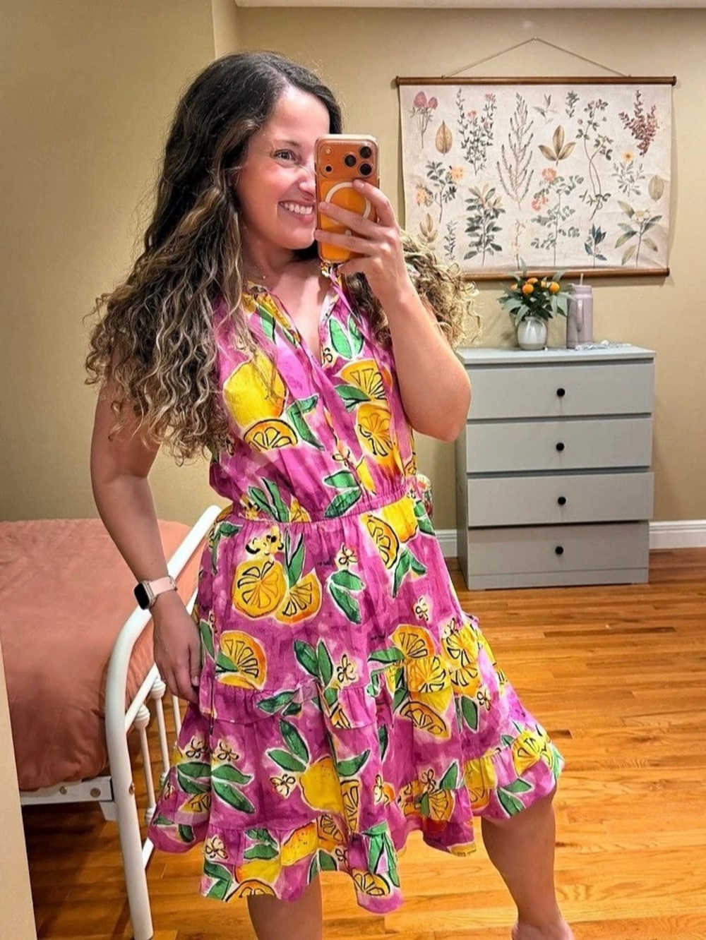 Anthropologie Donna Morgan Lemon Floral Midi Dress Pink & Yellow Size 12 Cotton